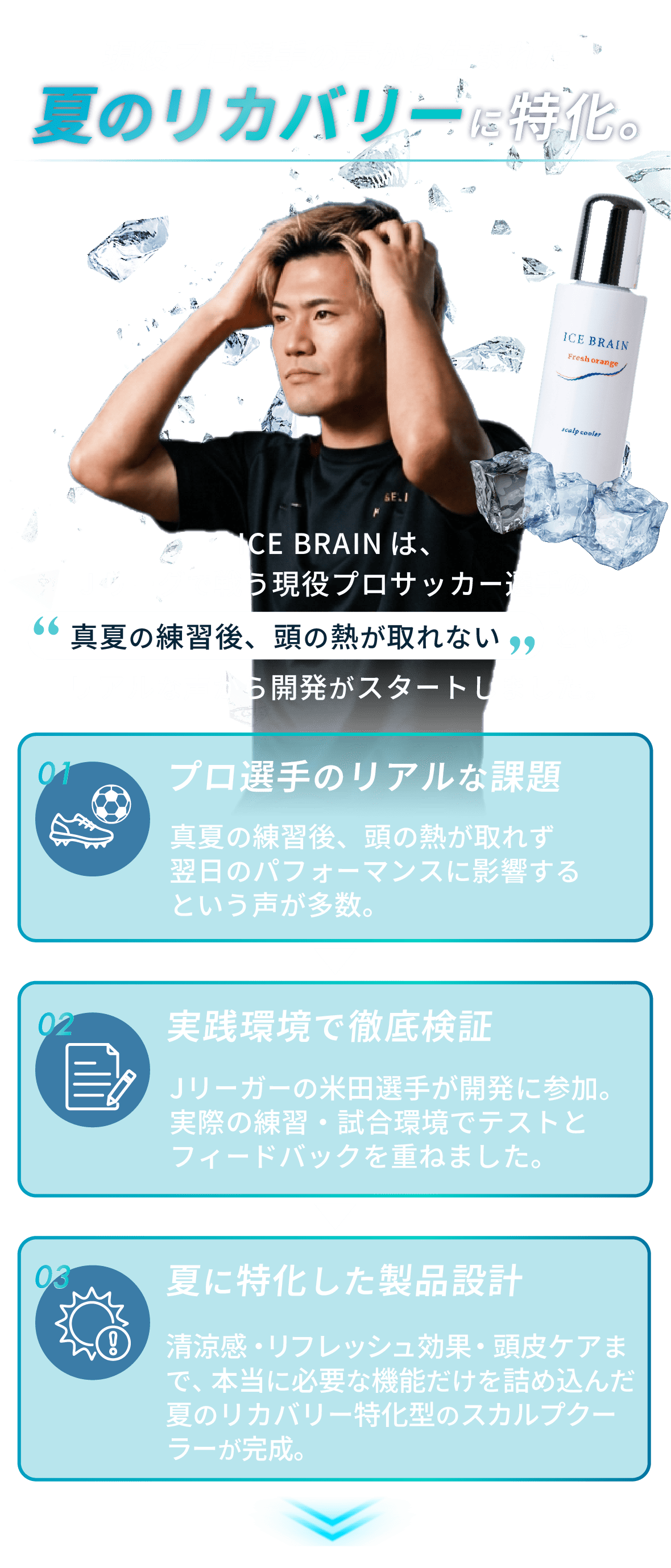 現役プロ選手の声から生まれた、夏のリカバリーに特化したICE BRAIN。プロ選手のリアルな課題／実践環境で徹底検証／夏に特化した製品設計